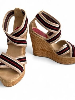 MIA Beige Wedge Espadrille Sandals with Black & Red Stripes